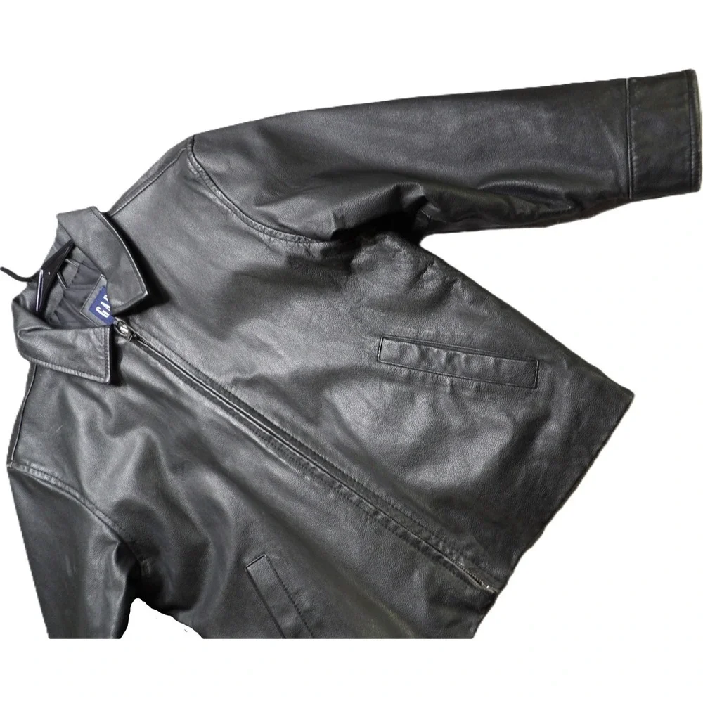 VTG Y2K Gap Black Leather Full Zipper Bomber Jacket Youth Boys M 7-8 Retro Biker